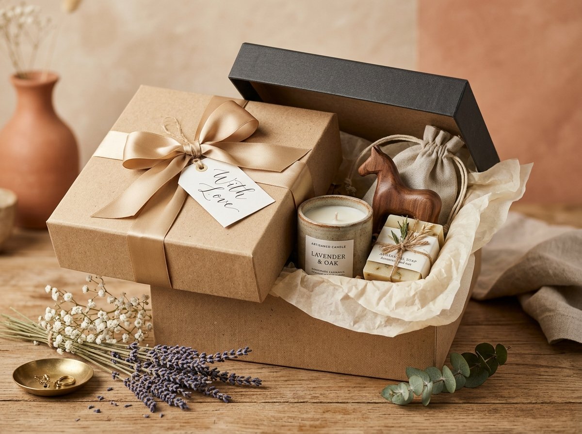 Handmade artisan gift box with silk ribbon bow and curated sustainable products