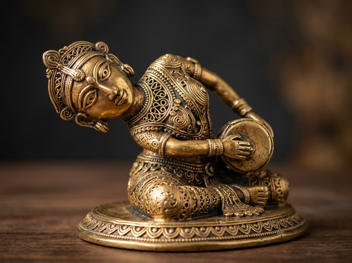 Detailed close-up of handcrafted Indian lost-wax brass decor showcasing intricate artisan finish