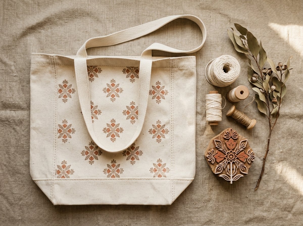 Handmade cotton canvas tote bag with artisan block-printed patterns and organic stitching