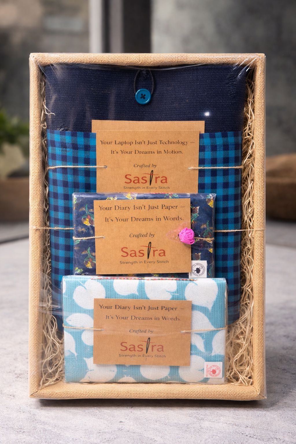 Handmade laptop sleeve gift combo with diary and pouch by Sastra
